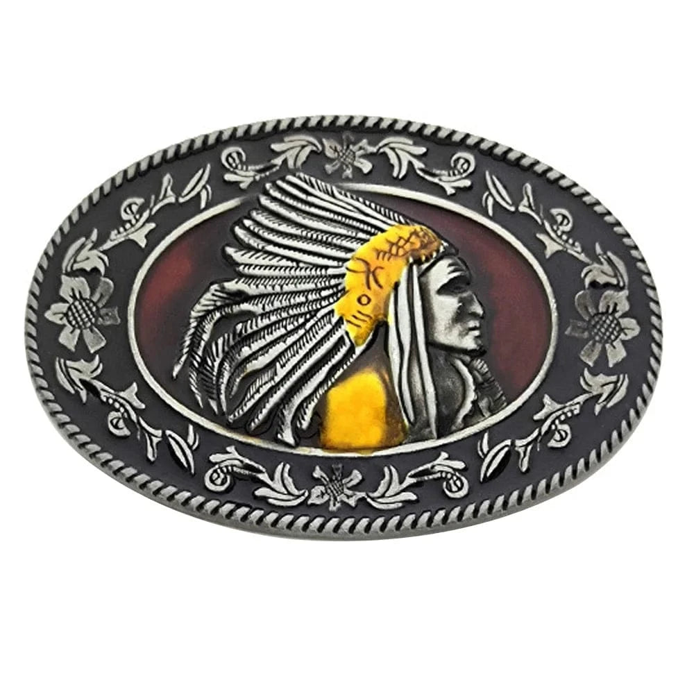 Bältespänne ovalt indianhövding fjädrar western Silver