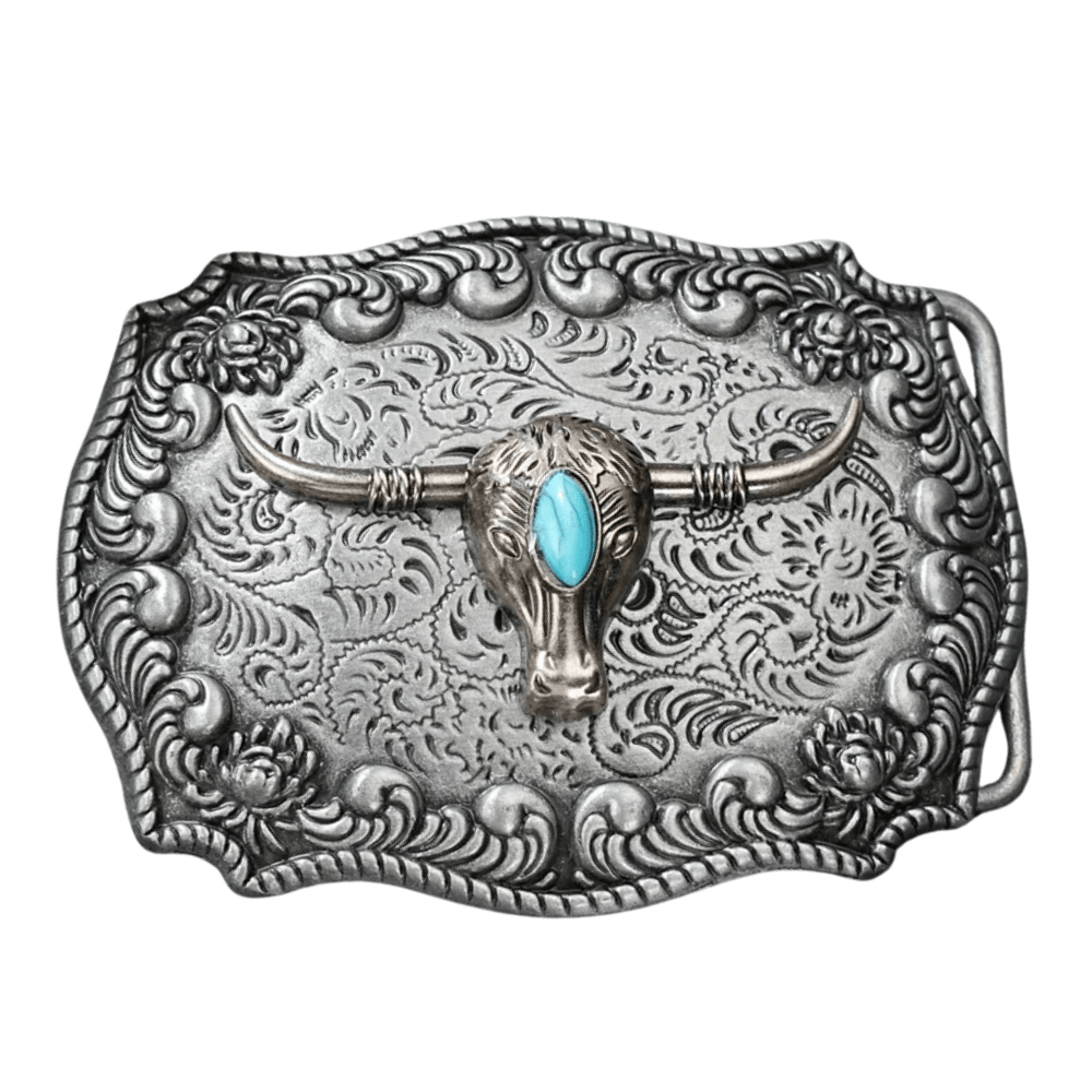 Bältespänne silverfärgat med turkos sten och westernmotiv Longhorn