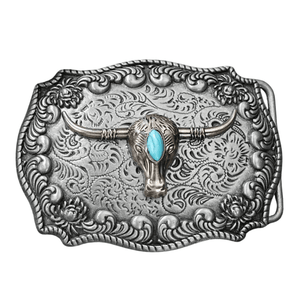 Bältespänne silverfärgat med turkos sten och westernmotiv Longhorn