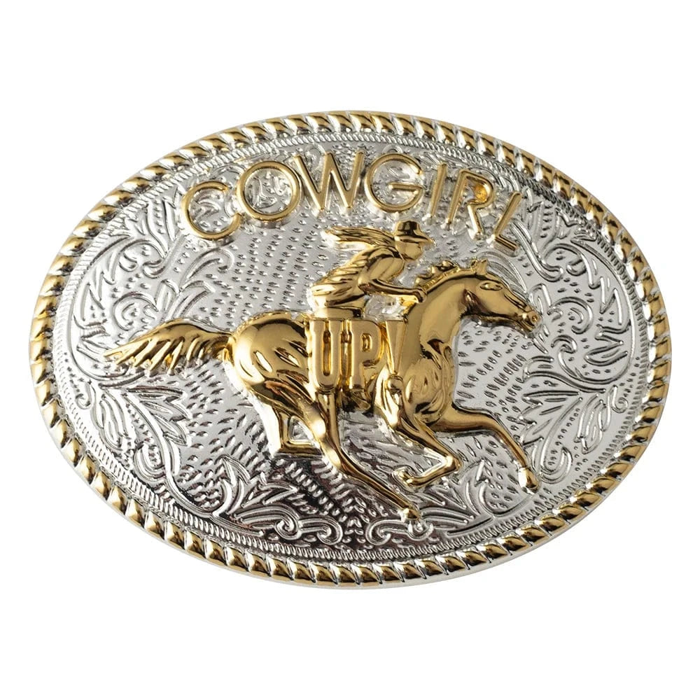 Bältesspänne cowgirl up western stil med guld och silver Häst