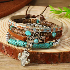 Boho Läderarmband med Turkosa Pärlor och Berlocker Stil 4st kaktus