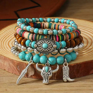 Boho Läderarmband med Turkosa Pärlor och Berlocker Stil 5st berlocker