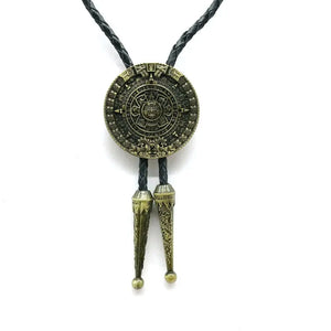 Bolo tie i aztekisk design med genuint läder Brons