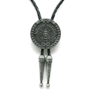 Bolo tie i aztekisk design med genuint läder Silver