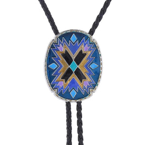 Bolo tie i justerbart läder med färgstarkt totemmönster Marinblå