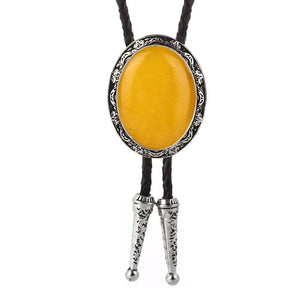 Bolo tie i läder med naturlig sten och rund medaljong Gul Jade