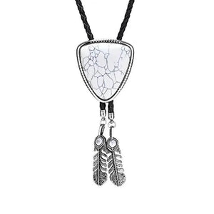 Bolo tie i triangelform med fjäderdetalj och natursten Vit
