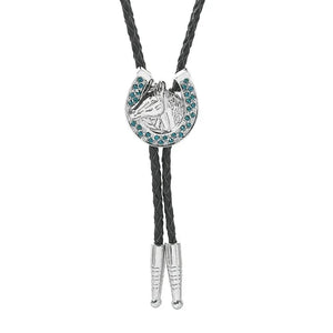 Bolo tie med hästhuvud och glittrande hästsko Blå