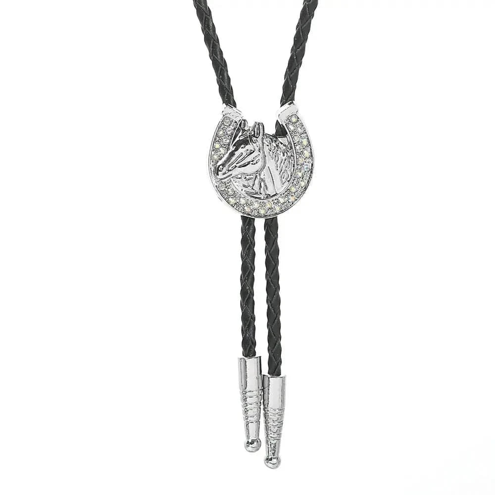 Bolo tie med hästhuvud och glittrande hästsko Vit