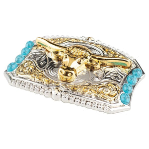 Cowboy-bältespänne med häst i guld och turkoser