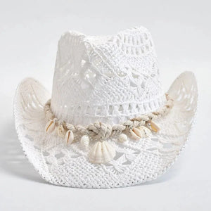 Cowboy stråhatt med Snäckor Vit / One Size