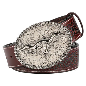 Cowboybälte med tjurskallespänne i äkta läder B Rödbrun / 95cm