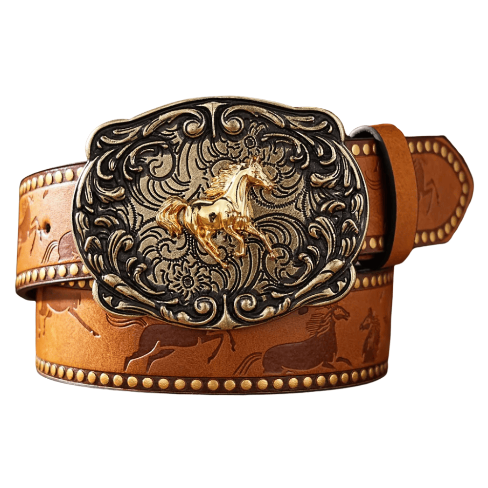 Cowboybälte skulpterad gyllene häst Kamel / 120cm