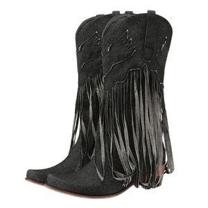 Cowboyboots i denim med fransar och blockklack