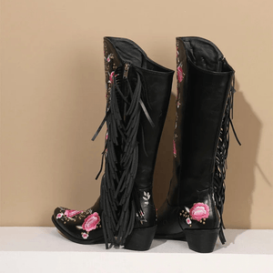 Cowboyboots med blombroderi och fransar
