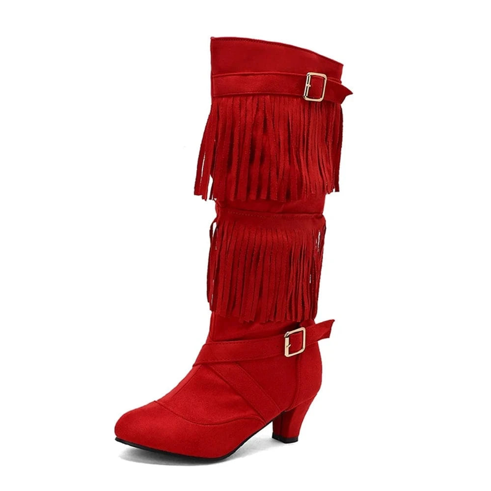 Cowboyboots med tofsar och spänndetaljer i mockalook Röd / 36