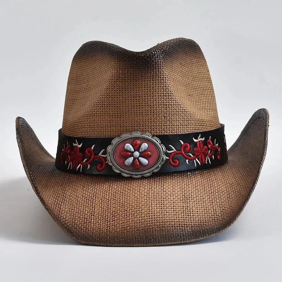 Cowboyhatt i halm med broderat bälte