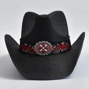 Cowboyhatt i halm med broderat bälte