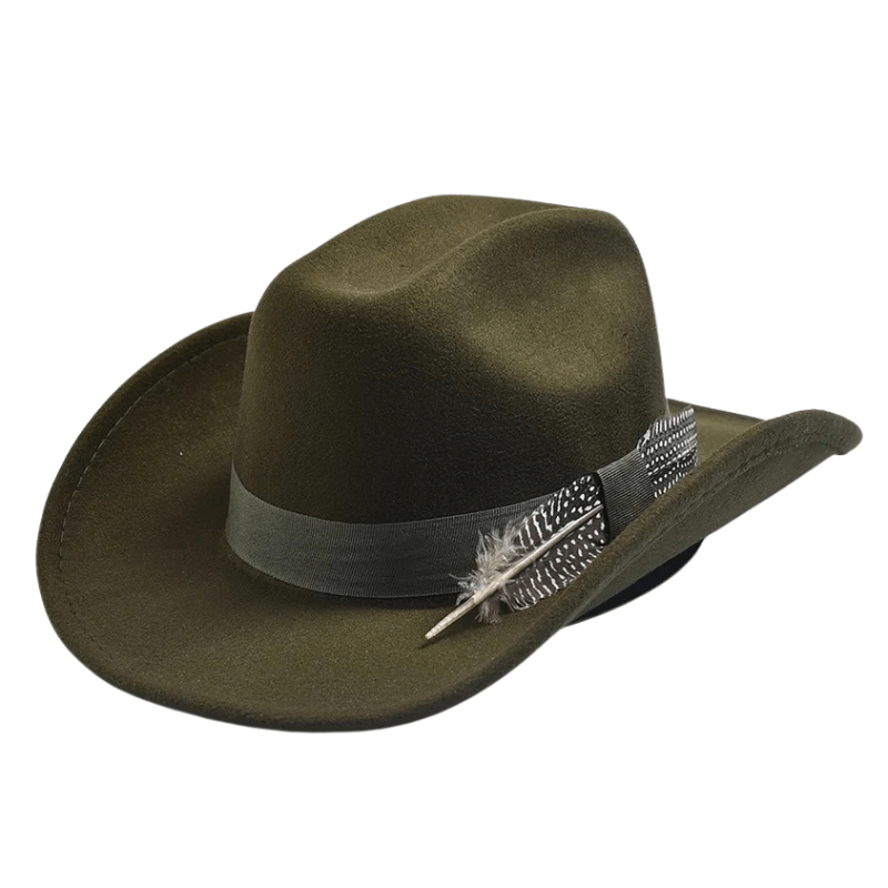 Filt Westernhatt med Fjäder Armégrön / One Size