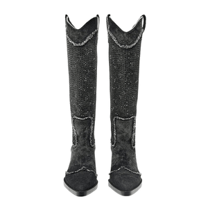 Höga Cowboyboots i Denim med Strass