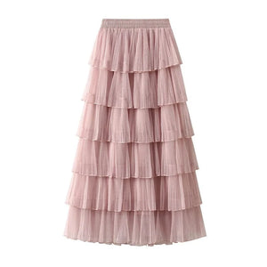 Lång tyllkjol med plisserade volanger Rosa / One size