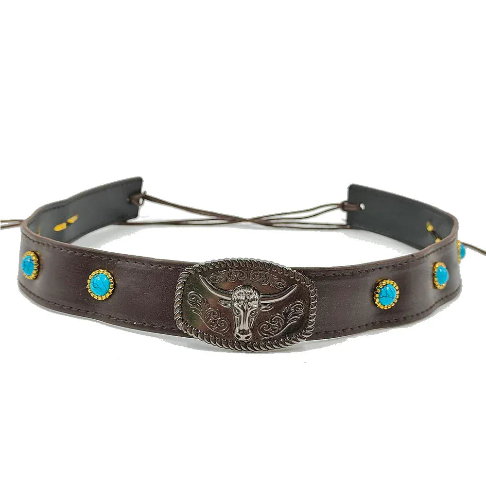 Longhorn cowboyhattband turkosstenar Mörkbrun / 1 stycke
