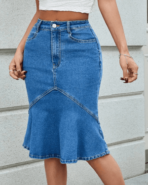 Midi jeanskjol med volang Blå / S