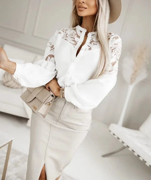 Modern blus med kinakrage och genomskinliga ärmar Vit / S