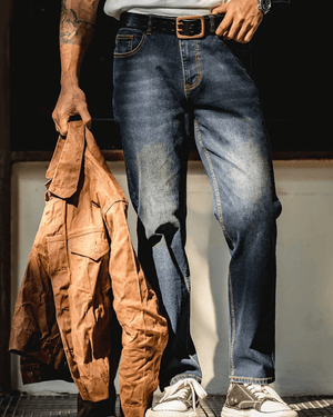 Mörkblå raka jeans i vintage-stil för herr Mörkblå / 28