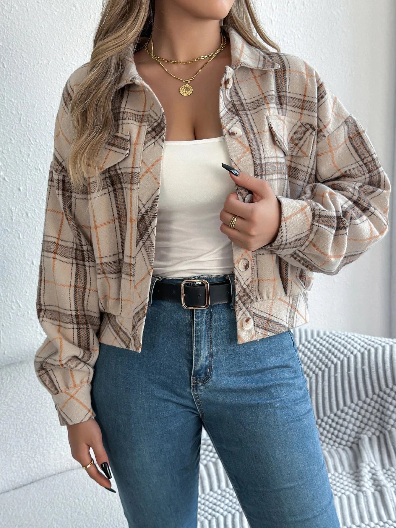 Rutig cropped överskjorta dam Beige / S