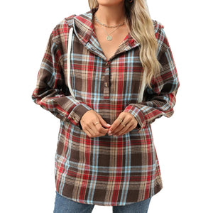 Rutig hoodie-skjorta dam Brun / S