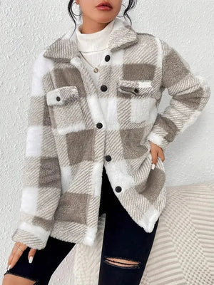 Rutig skjortjacka i teddy-fleece Khaki / S
