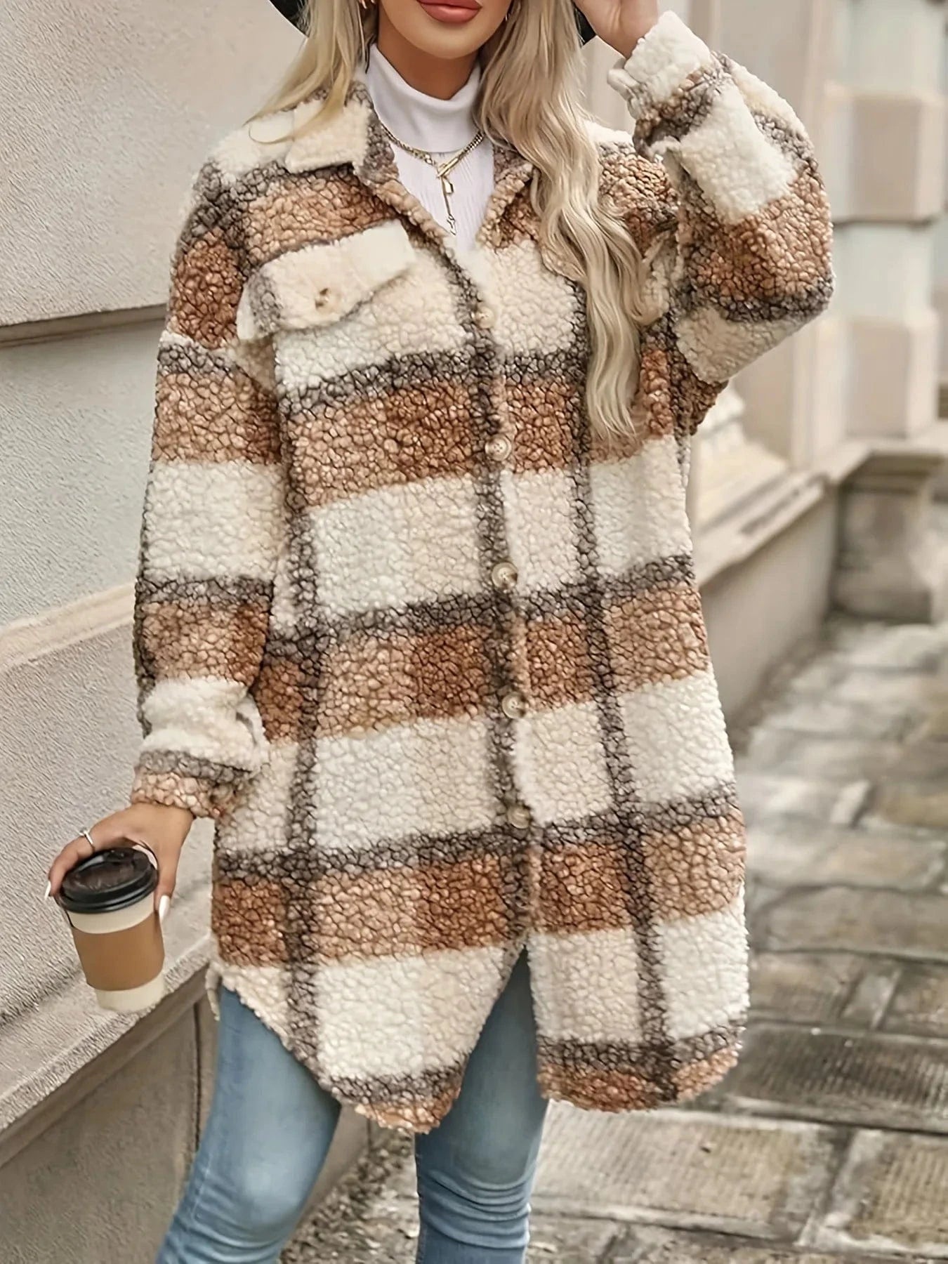 Rutig teddy-överskjorta för dam Ljusbrun / XL