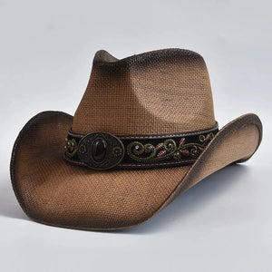 Stråcowboyhatt med Broderad Rem Khaki / One Size