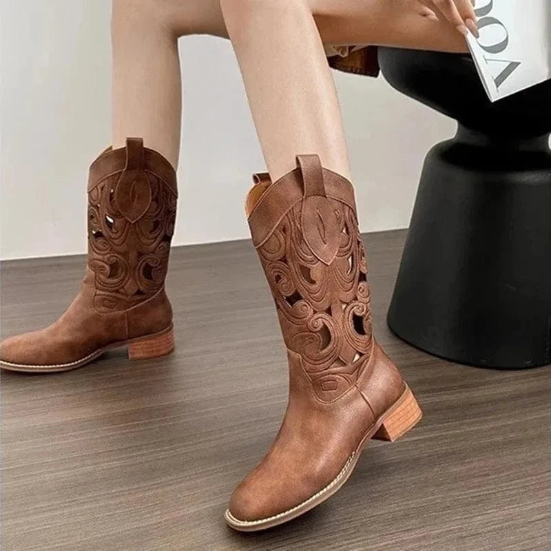Cowboystövlar i Brun Läderimitation med Genombrutet Mönster