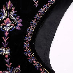 Svart Sammetsväst med Rosa Lila Silver Paljetter Broderi