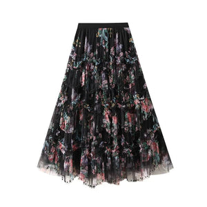 Tyllkjol med blomstermotiv Svart / One Size