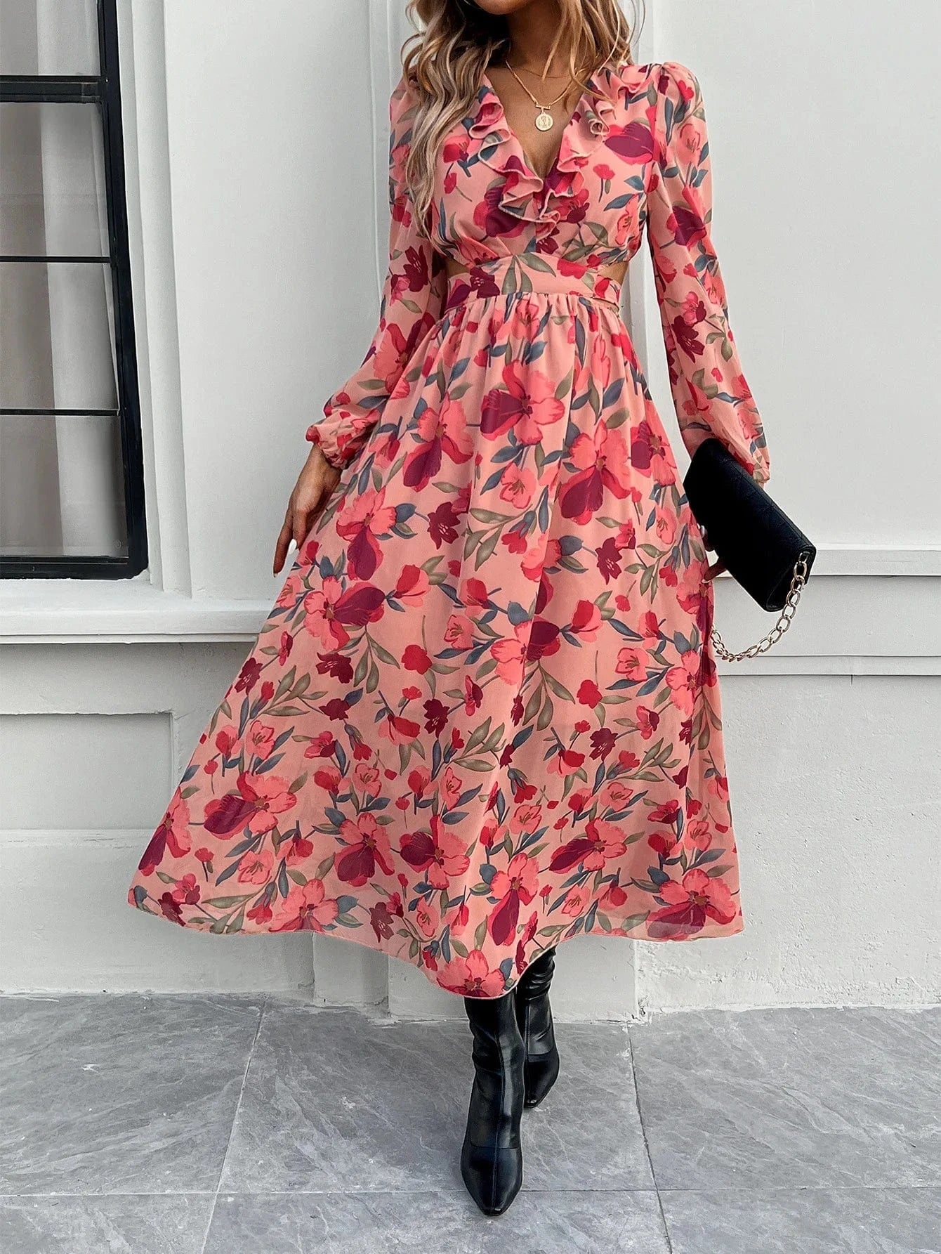 V-ringad blommig klänning Rosa / S