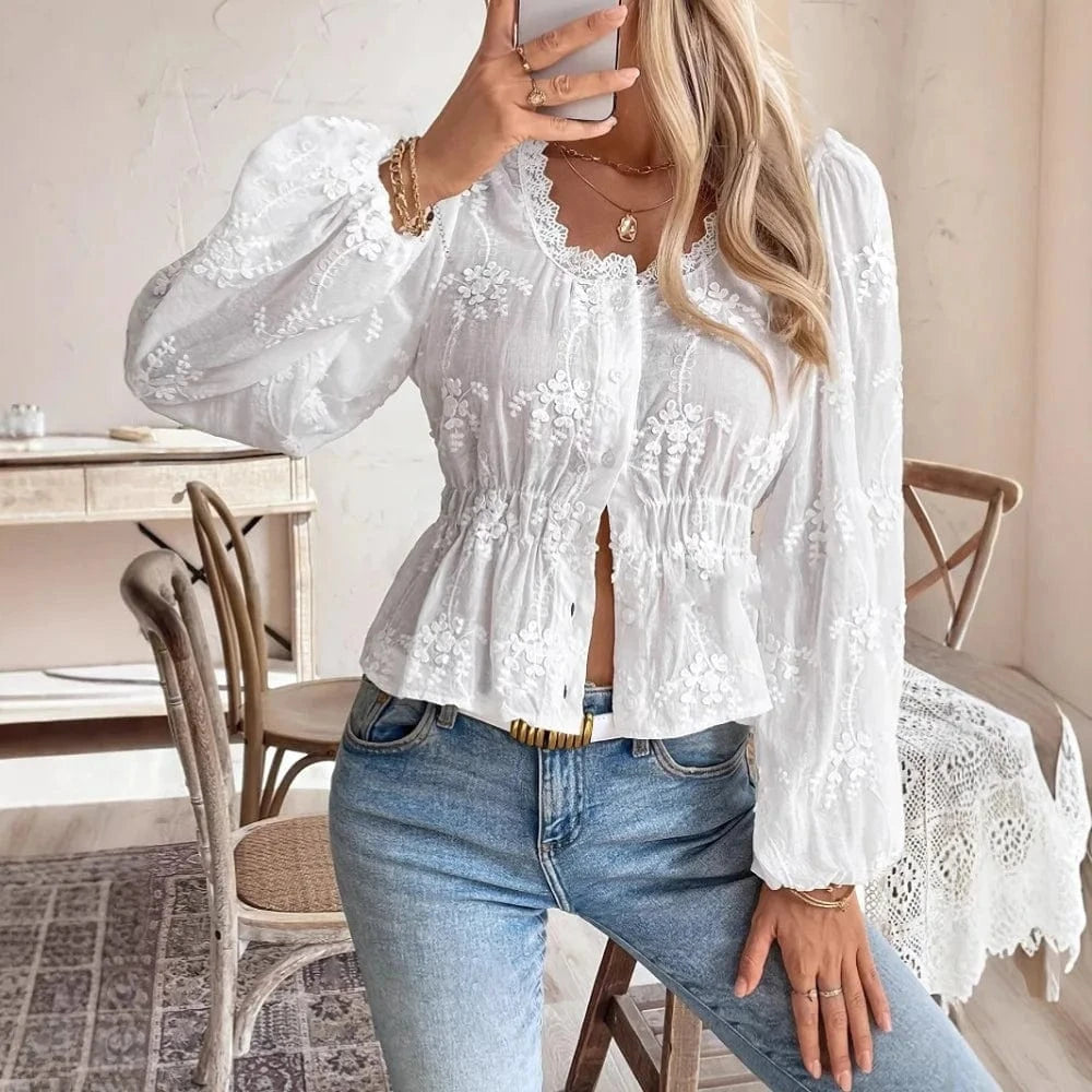 Vit broderad blus i broderie anglaise med ballongärm Vit / S