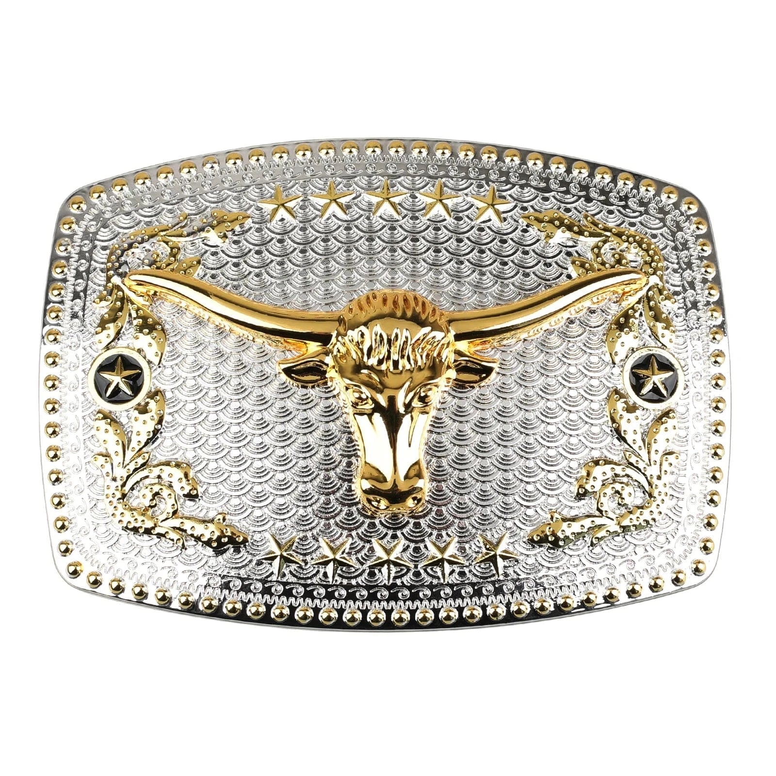 Western Bältesspänne Guld Silver Stjärntextur Motiv Longhornhuvud