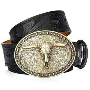 Westernbälte i Präglat Läder med Guldfärgat Longhorn-spänne Svart 2 / 105cm
