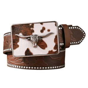 Westernbälte med ko-mönster och longhornsspänne Brun Silver / 120cm