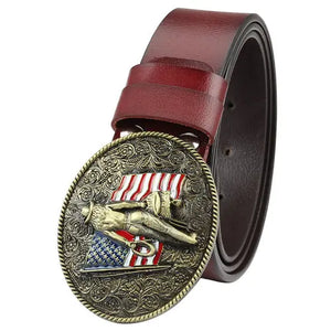 Westernläderbälte amerikansk flaggspänne Brons Rödbrun / 105cm