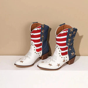 Vita Cowgirl Boots med Amerikansk Flagga