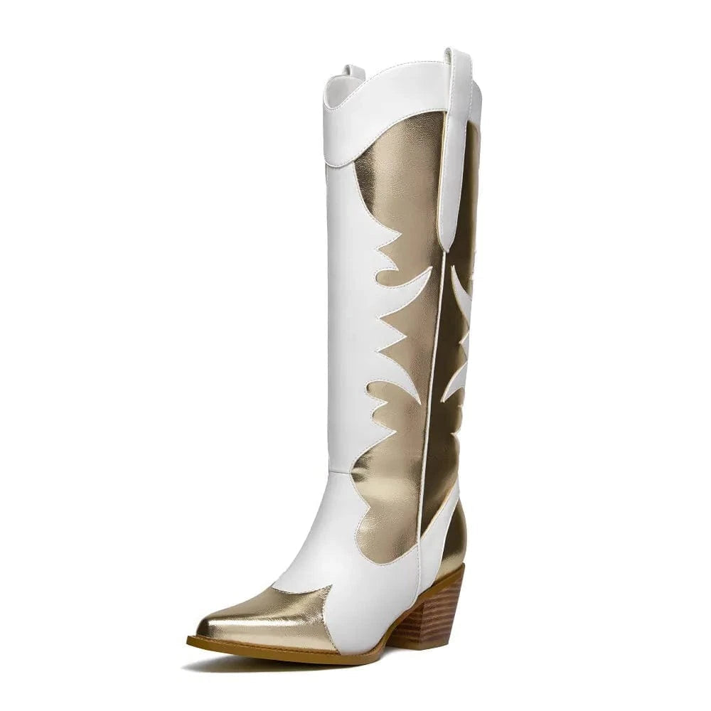 Vita Höga Cowgirl Boots med Guldiga Detaljer Vit / 36