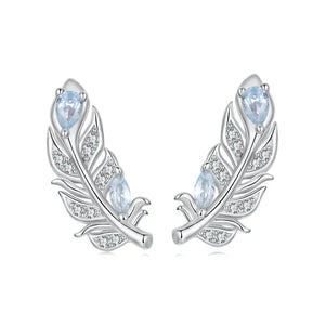 WOSTU 925 Sterling Silver Ice Blue Feather Stud Earrings For Women Winter Xmas Gift, Dainty Bohemian s925 Studs Wedding Jewelr CTE1259