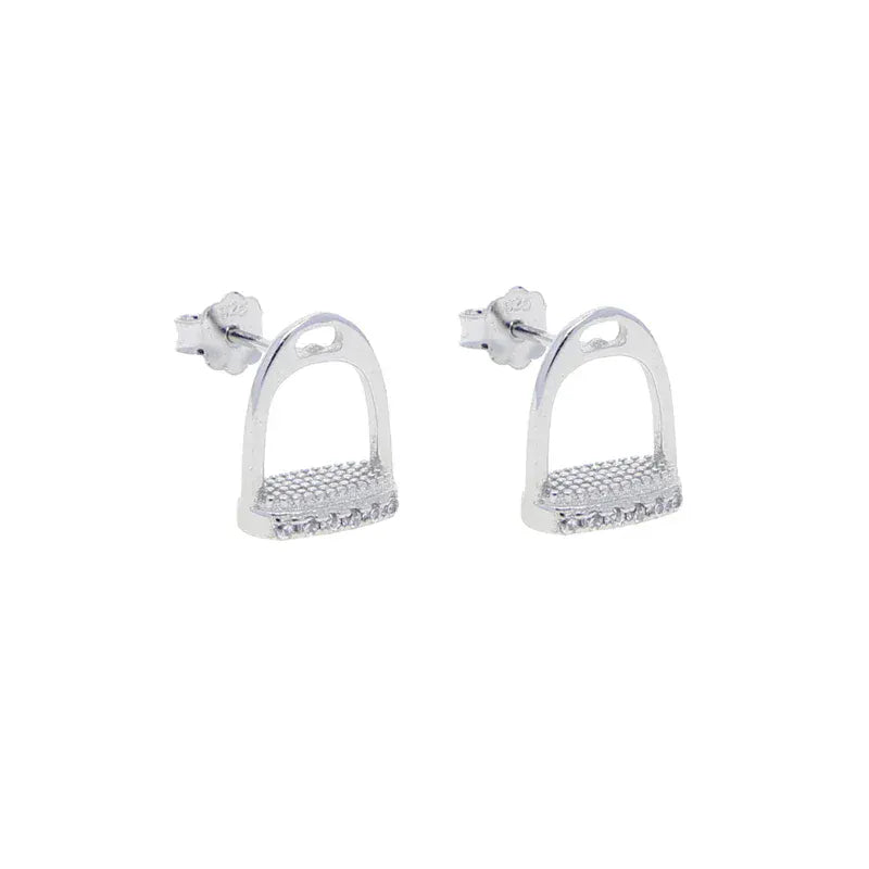 100% 925 Sterling Silver Pave Bling 5A CZ Horseshoe Stirrup Stud Earring Equestrian Horse Lover Jewelry silver