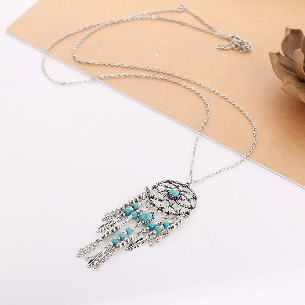 2016 New Bohemia Style Retro Tassel Feathers Turquesa Pendant Necklace  78cm Dream catcher Sweater Necklaces For Women Girl