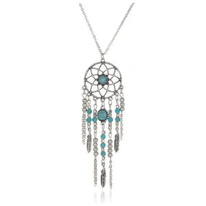 2016 New Bohemia Style Retro Tassel Feathers Turquesa Pendant Necklace  78cm Dream catcher Sweater Necklaces For Women Girl
