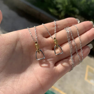 925 Sterling Silver Two Tone Gold Plated Stirrup Pendant Necklace - High Quality Equestrian Jewelry two tone / 41 cm with 5cm